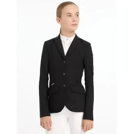 Black tailored young rider kennedy equestrian jacket with three front buttons and flap pockets for riders
