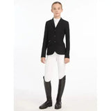 Black fitted young rider kennedy equestrian jacket with three buttons and flap pockets for riding events