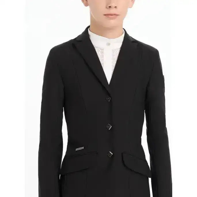 Black tailored young rider kennedy show jacket with three square buttons and flap pockets for riders