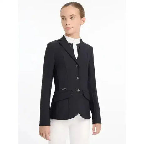 Young rider kennedy black tailored equestrian jacket with diamond buttons and sleek structured design
