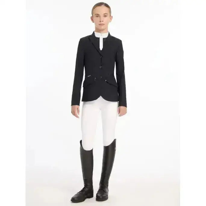 Black young rider kennedy equestrian jacket with three buttons and flap pockets perfect for shows