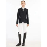 Black young rider kennedy equestrian jacket with three buttons and flap pockets perfect for shows
