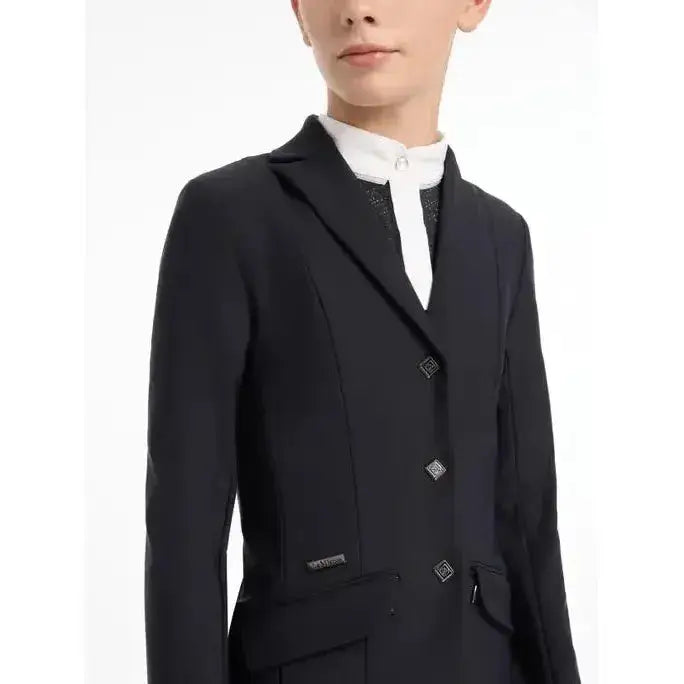 Young rider kennedy black tailored riding jacket with diamond silver buttons and textured inner collar for riders