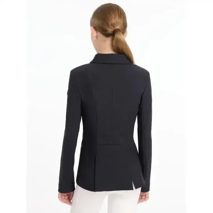 Black tailored young rider kennedy show jacket back view with structured fit and subtle seam detailing