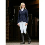 Navy blue young rider kennedy show jacket with three front buttons and flap pockets for equestrian use