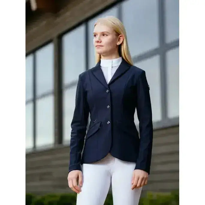 Navy blue young rider kennedy show jacket with silver buttons and subtle stitching perfect for riders