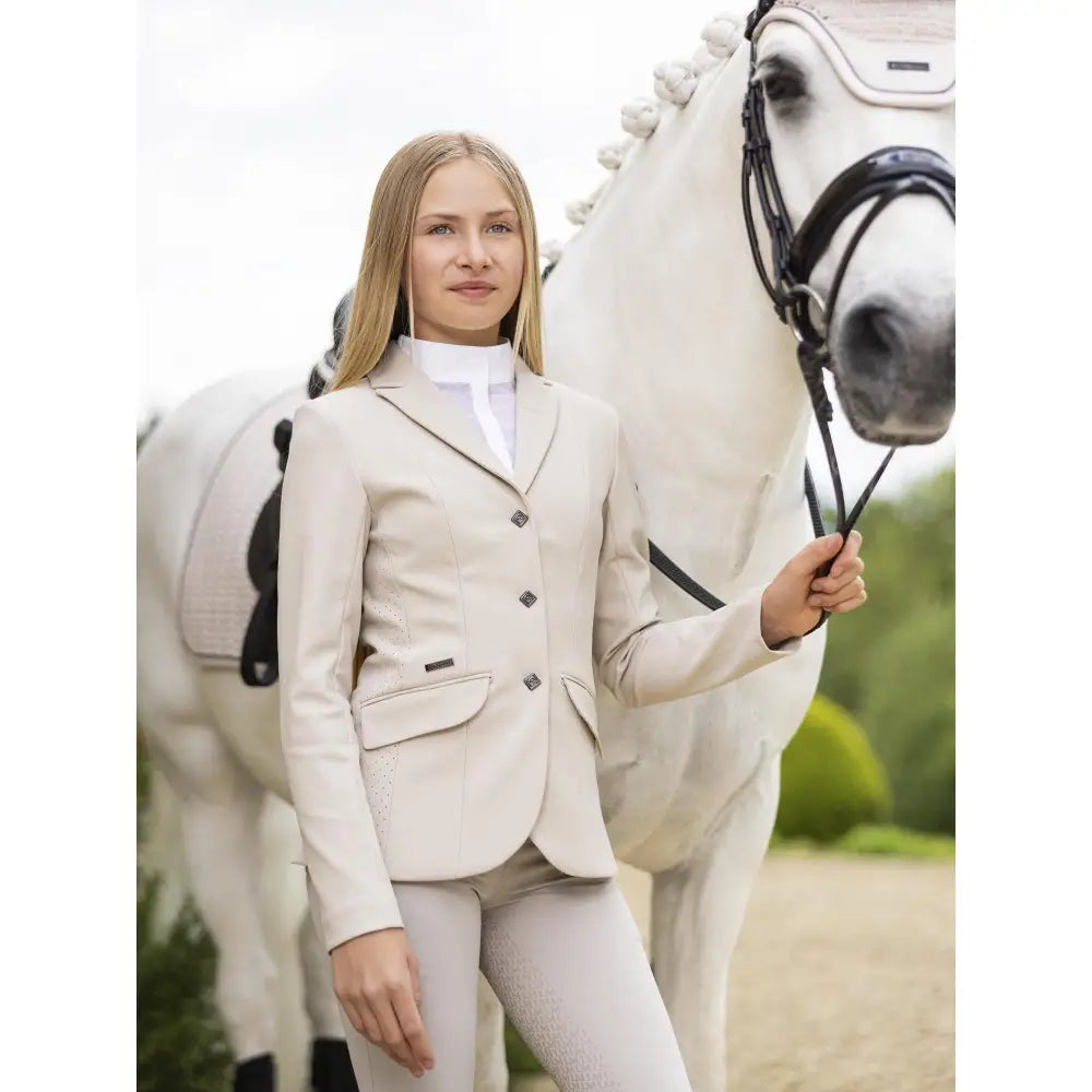 Beige lemieux young rider kennedy show jacket stone with black buttons and subtle stitching for equestrian use