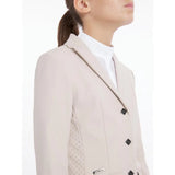 Beige lemieux young rider kennedy equestrian show jacket with black diamond buttons and subtle polka-dot side panel