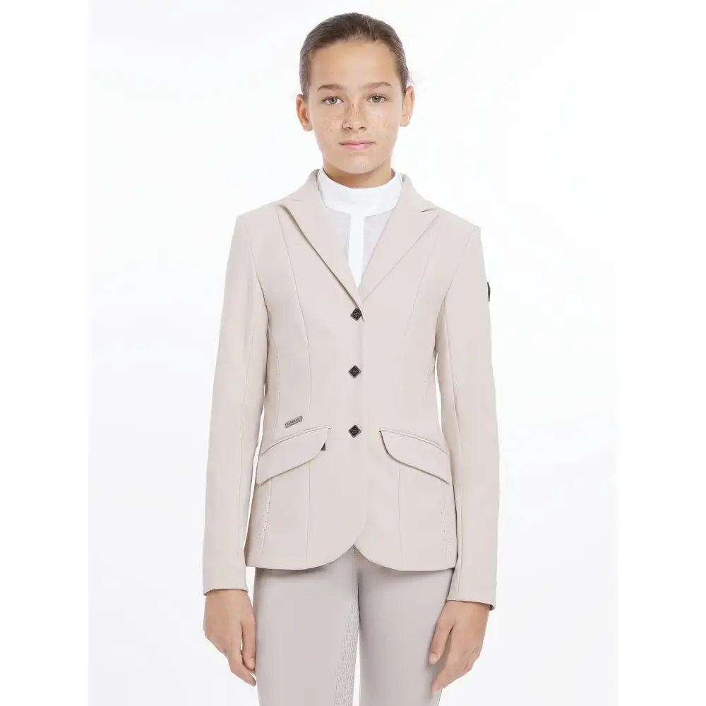 Young rider kennedy show jacket stone by lemieux is a beige equestrian blazer with black diamond buttons for horses