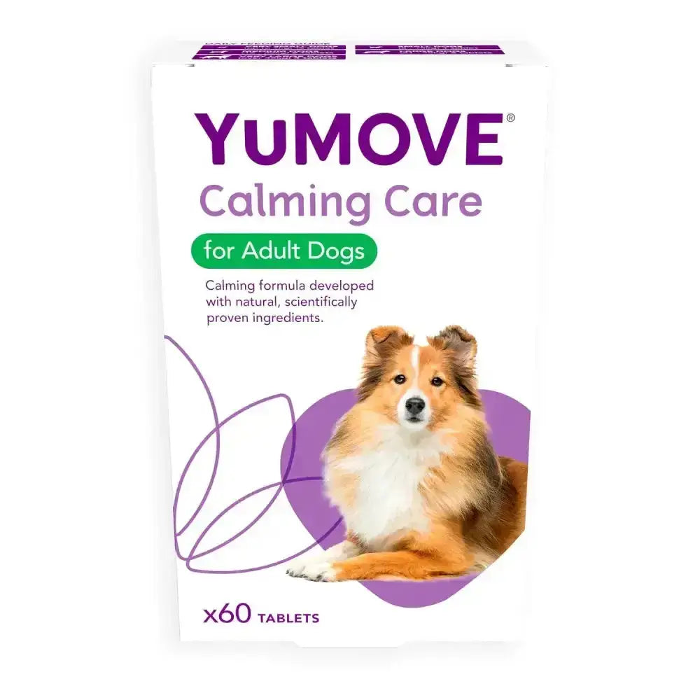White cardboard box of yumove calming care for adult dogs with purple green label and fluffy brown white dog image