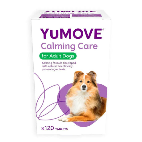 White cardboard box of yumove calming care for adult dogs with purple green label and fluffy tan white dog image