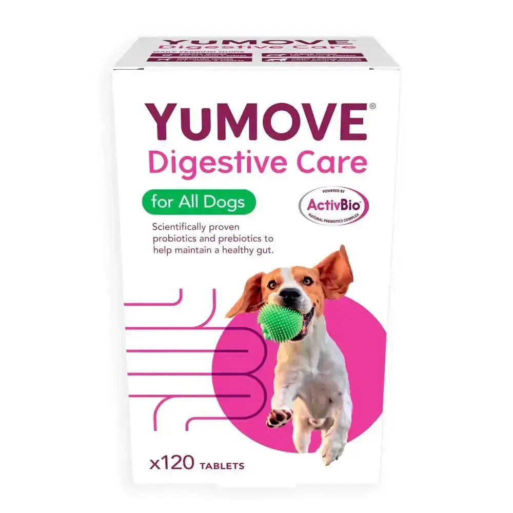White cardboard box of yumove digestive care daily probiotic prebiotic featuring beagle with green ball on pink purple background