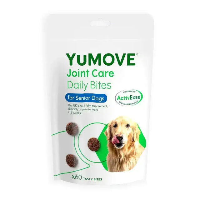 White pouch of yumove joint care daily bites for senior dogs with golden retriever and brown treats for stiff joints