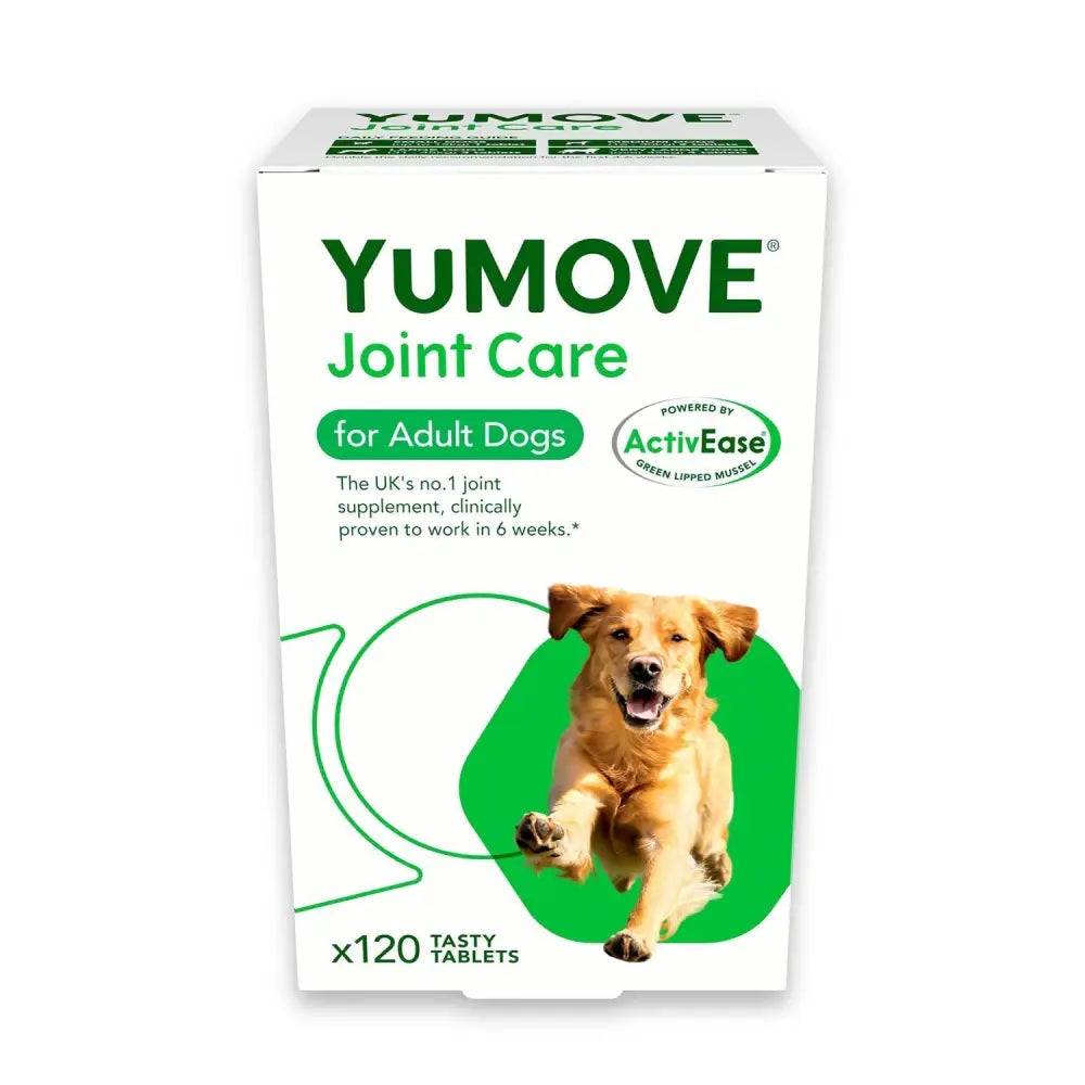 White cardboard box of yumove joint care for adult dogs with green white design to soothe stiffness and support long term joint health