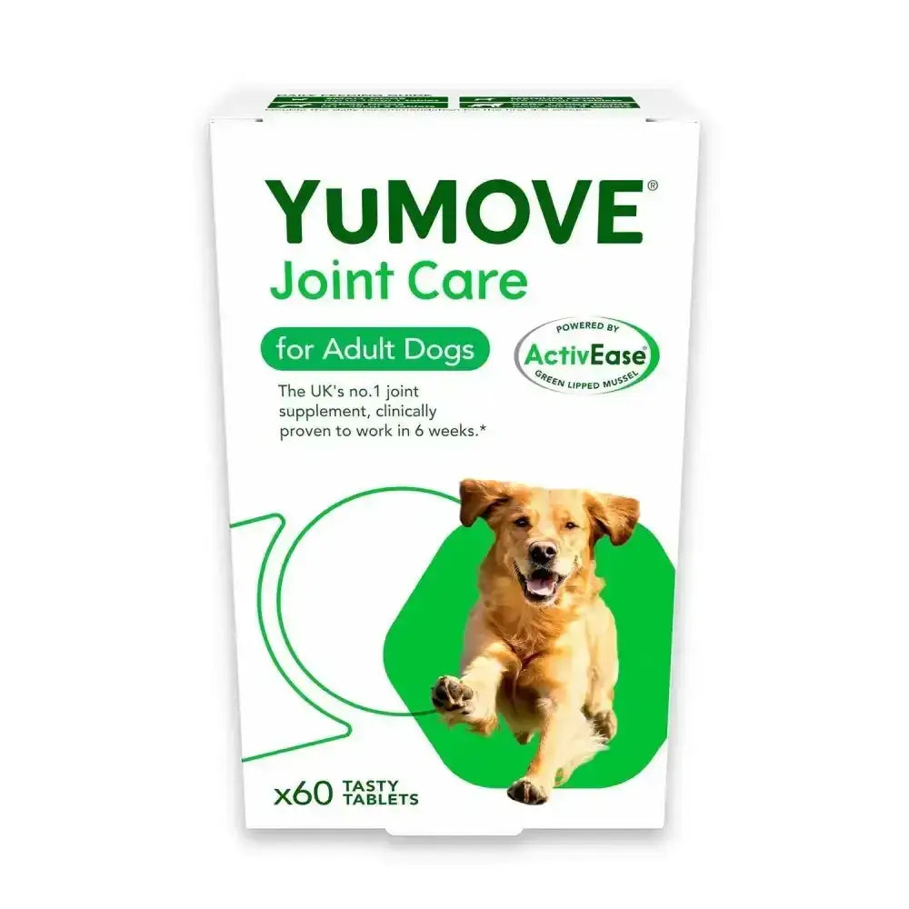 White and green cardboard box of yumove joint care for adult dogs with golden retriever to soothe stiffness and support long term joint health