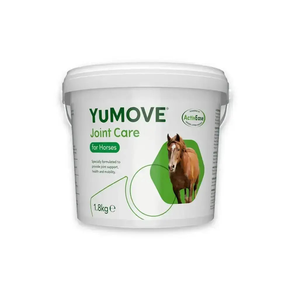 White plastic yumove joint care bucket with green labeling and brown horse for premium essential joint support supplement