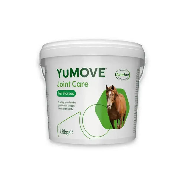 White plastic yumove joint care bucket with green labeling and brown horse for premium essential joint support supplement