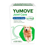 White cardboard box of yumove joint care for senior dogs with green accents featuring golden retriever for extra joint support