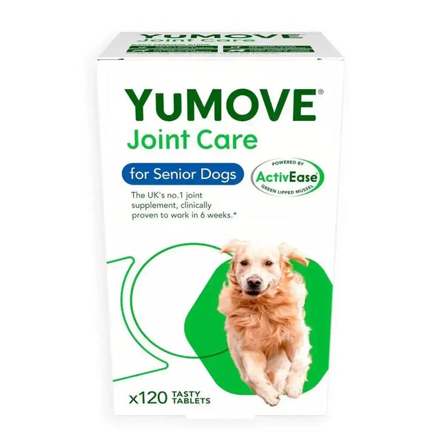 White cardboard box of yumove joint care for senior dogs with green accents featuring golden retriever for extra joint support
