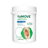 White cylindrical container of yumove joint care for senior dogs with green label and 240 tasty tablets extra joint support