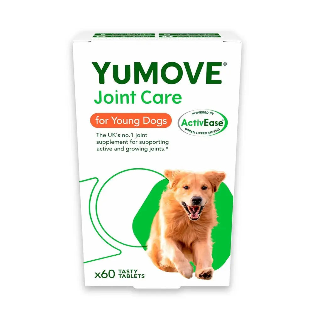 White and green yumove joint care box for young dogs featuring a golden retriever for extremely active pups with joint problems