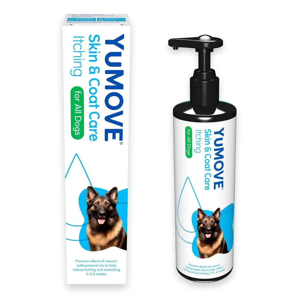 White pump bottle of yumove skin coat care for dogs prone to itching with black pump and german shepherd label