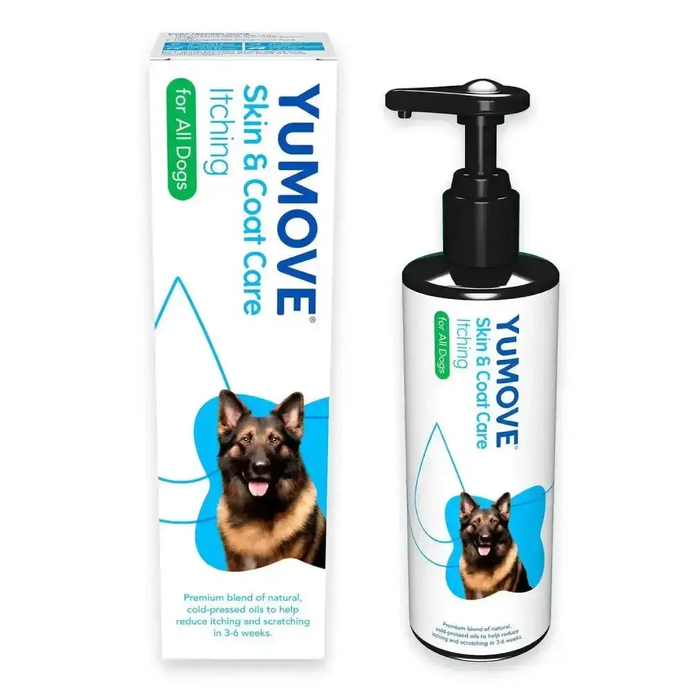 White pump bottle of yumove skin coat care with black pump for dogs prone to itching and coat care featuring german shepherd image