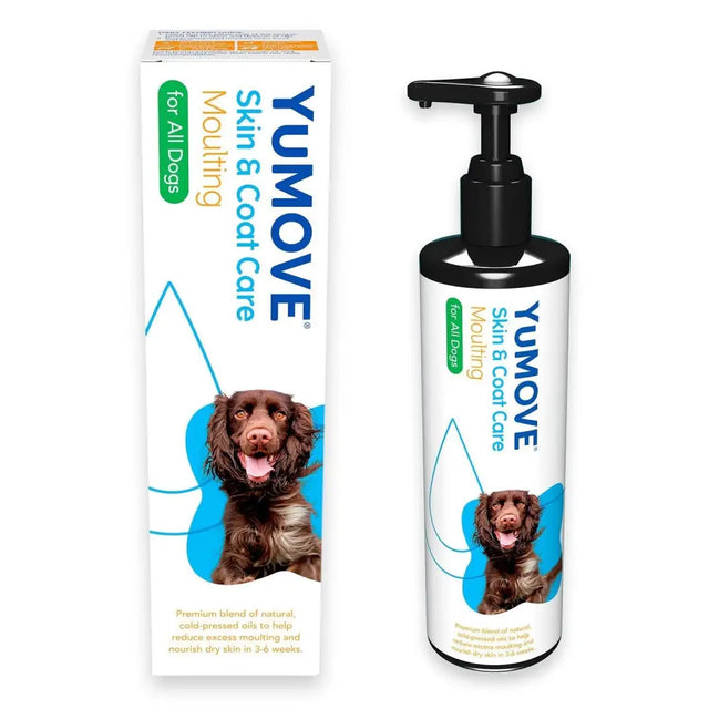 Yumove skin coat care moulting product in white bottle with black pump and box featuring brown dog and natural essential omega