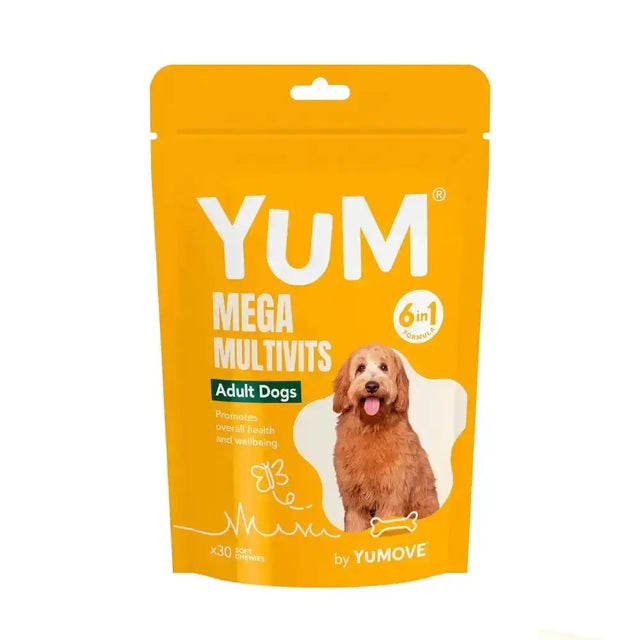 Bright orange pouch of yumove yum multivits adult dog with cheerful golden retriever and 6-in-1 multivits adult dog formula