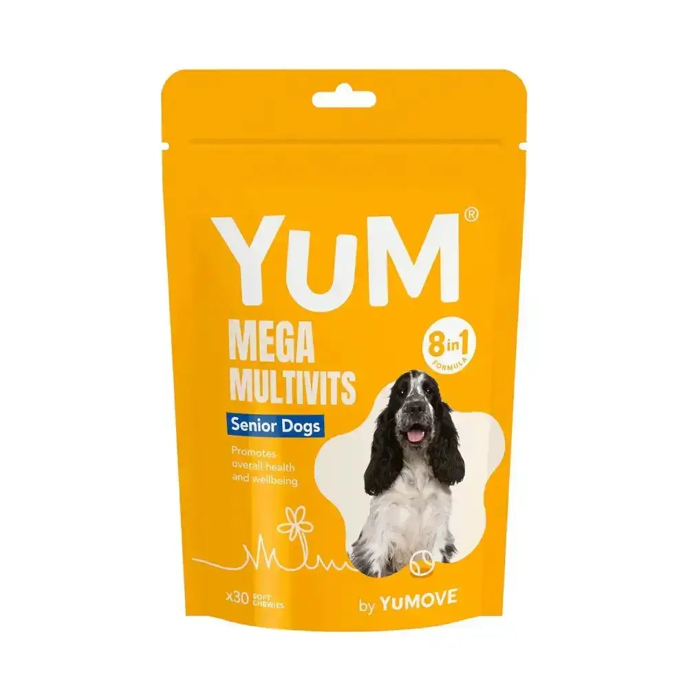 Bright orange pouch of yumove yum multivits senior dog multivitamins with black and white dog illustration