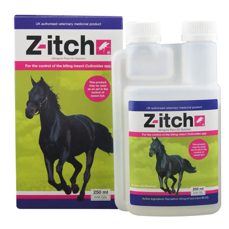 Z-itch 40mg/ml sweet itch pour-on solution in clear plastic bottle with white cap and green box showing black horse