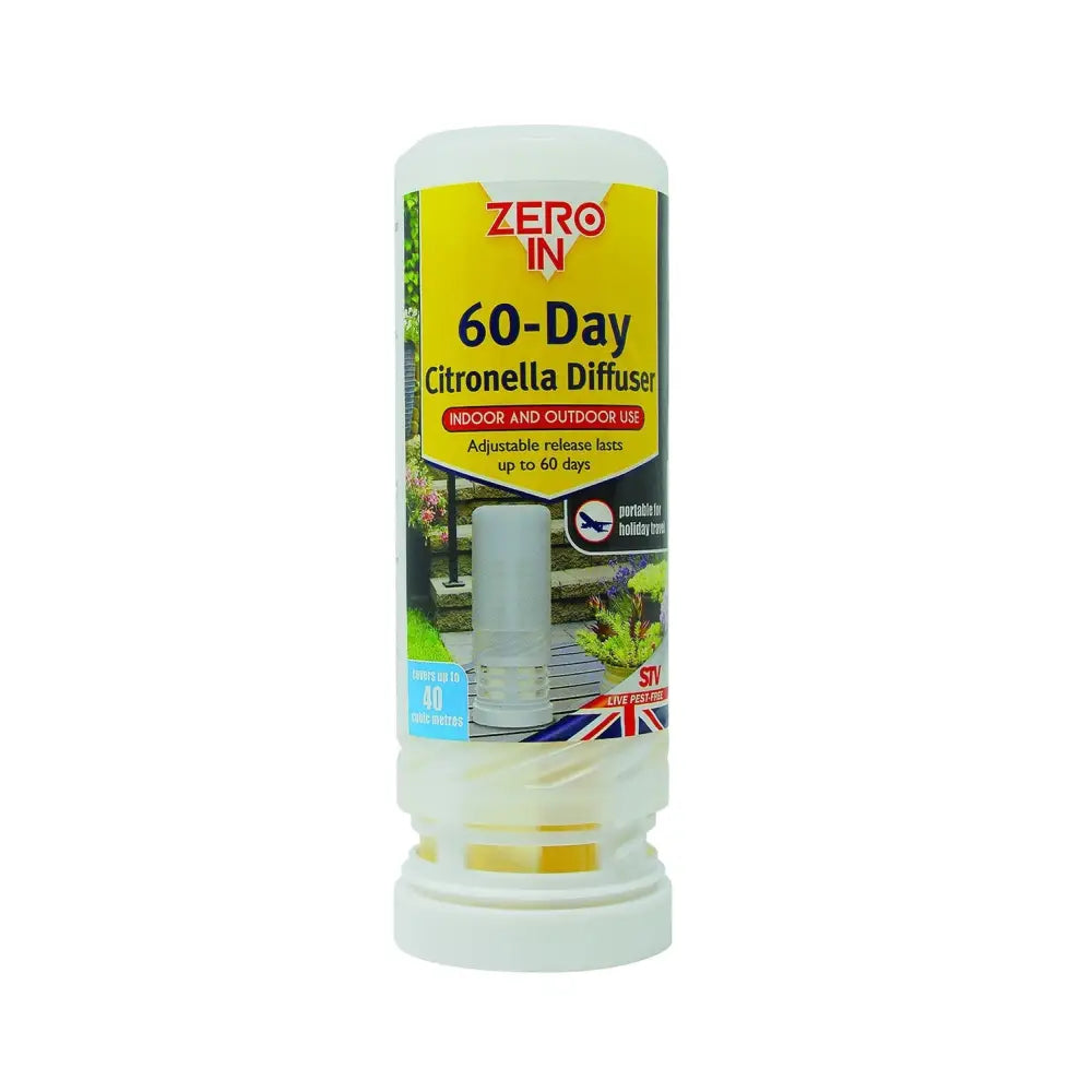 White cylindrical 60-day citronella diffuser with yellow green zero in label for long-lasting insect repellent