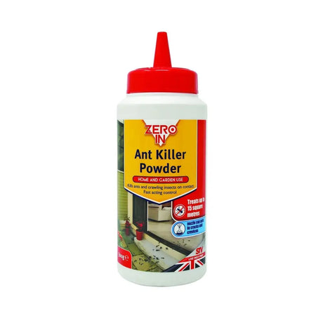 White plastic bottle with red cap and yellow label of zero in ant killer powder for effective ant control