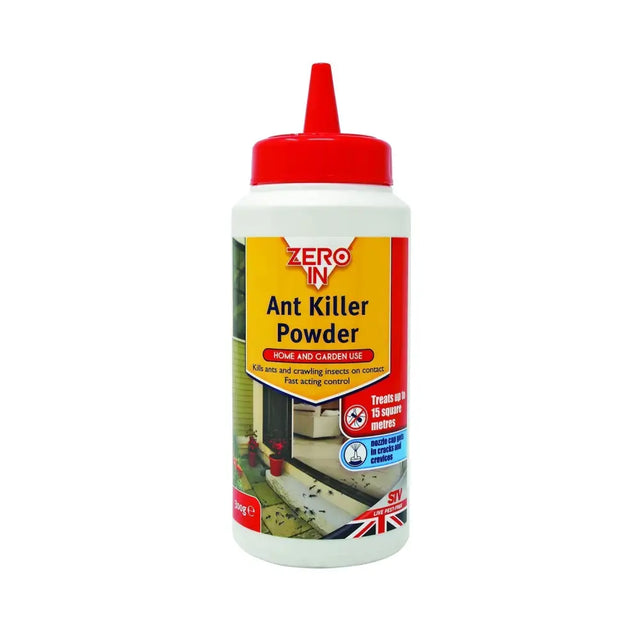 White plastic bottle with red cap and yellow label of zero in ant killer powder for effective ant control