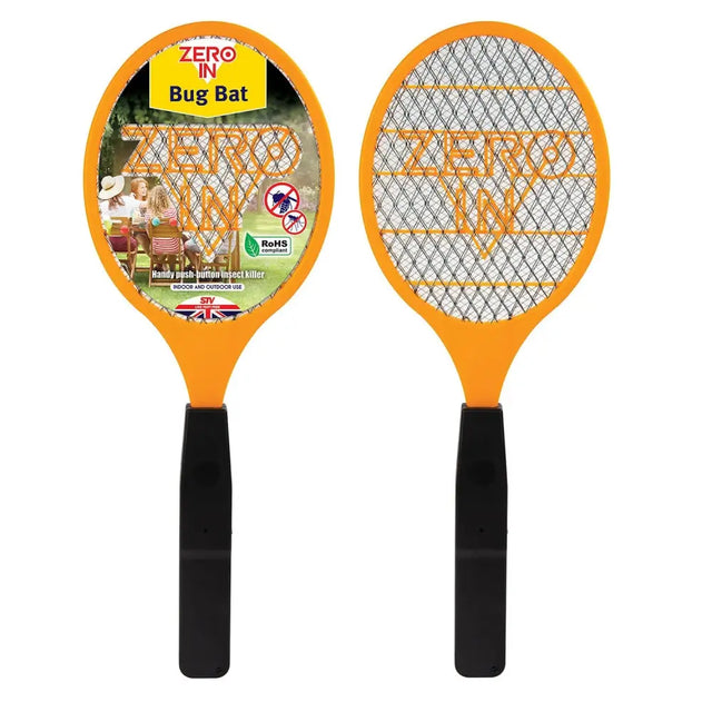Orange and black zero in bug bat with mesh head and plastic handle featuring push button activation bug bat ideal for pests