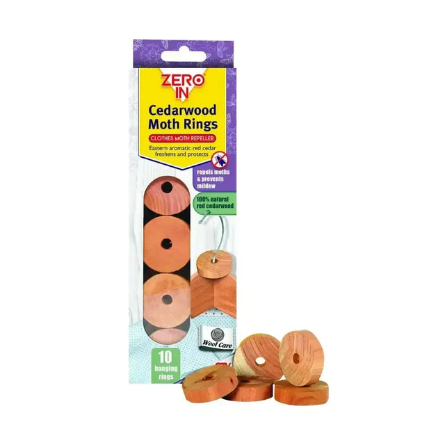 Zero in cedarwood clothes moth rings pack of ten made from natural aromatic red cedar with warm brown circular design