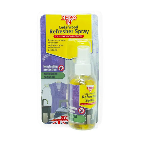 Zero in cedarwood refresher spray in yellow and purple packaging with white nozzle offers eastern aromatic red cedar spray freshness