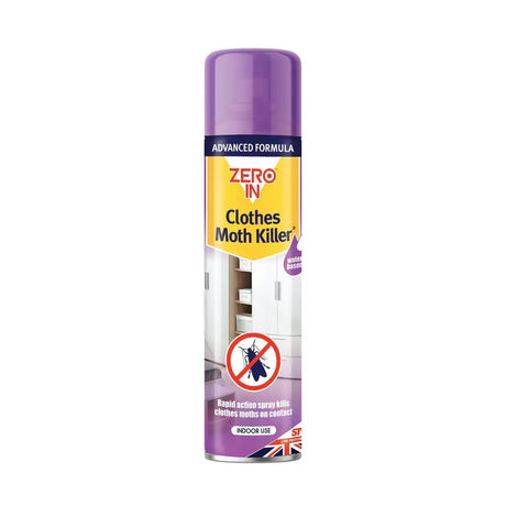 Purple aerosol can of zero in clothes moth killer spray with yellow label kills clothes moths for long lasting control
