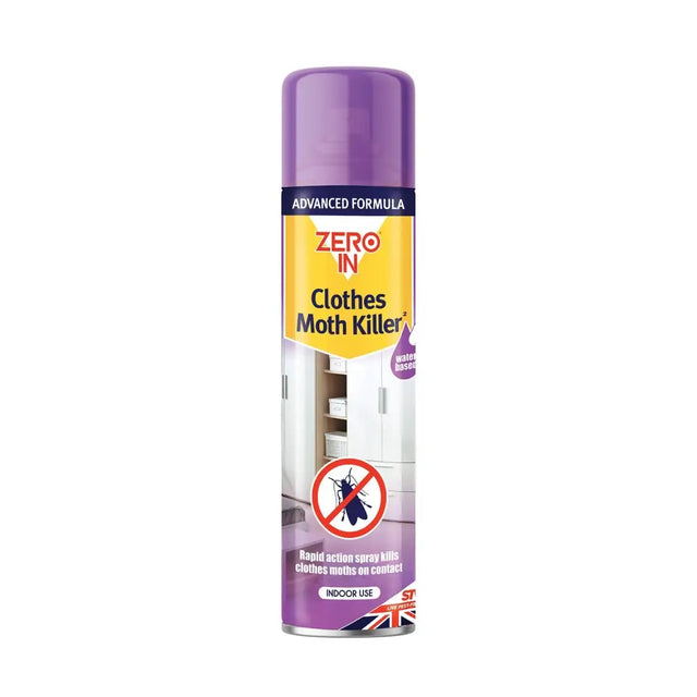 Purple aerosol can of zero in clothes moth killer spray with yellow label kills clothes moths for long lasting control