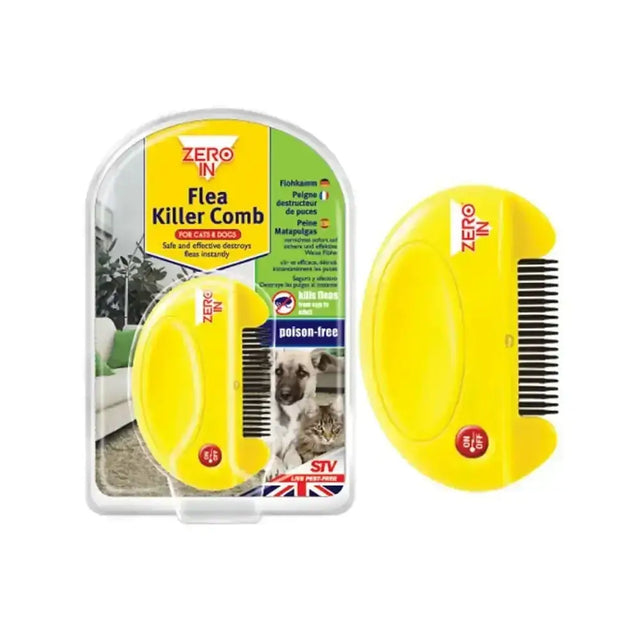 Bright yellow plastic zero in flea killer comb with black teeth for effective flea and tick control