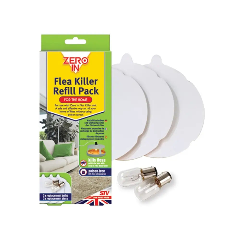 Green and yellow zero in flea killer refill pack with three white refill discs and two clear glass bulbs for effective pest control