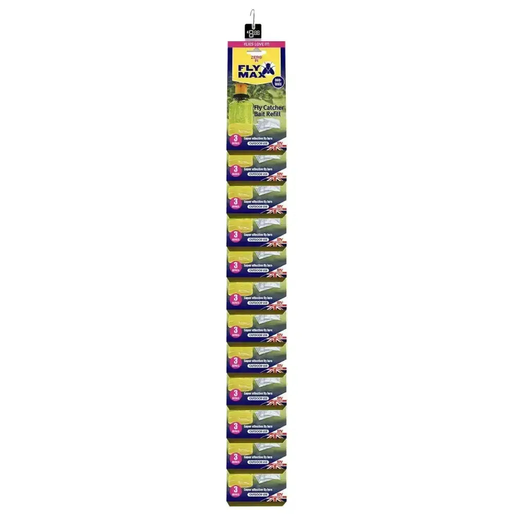 Zero in fly catcher bait refill pack with ten sachets in green and purple display for effective fly attractant
