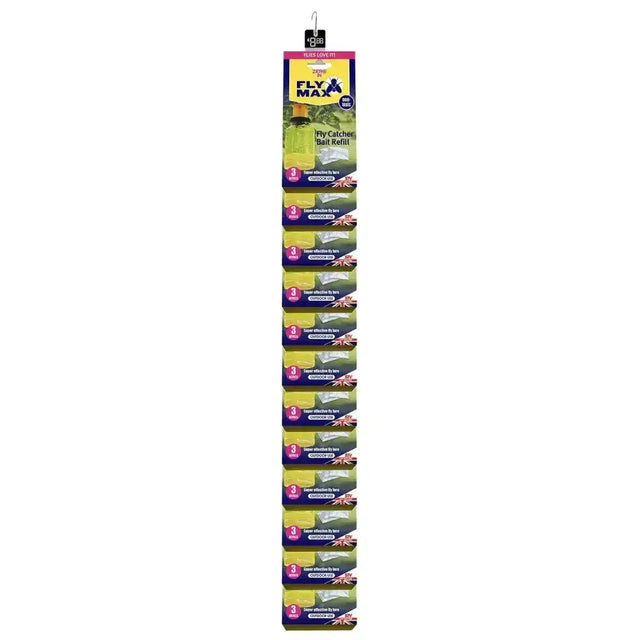 Zero in fly catcher bait refill pack with ten sachets in green and purple display for effective fly attractant
