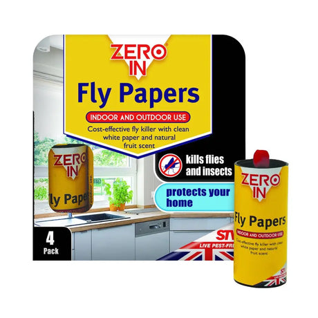 Yellow cylindrical can of zero in fly papers with red cap and british flag design for fly papers kills use