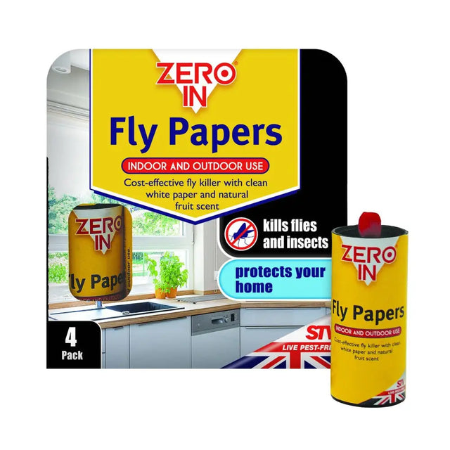 Yellow cylindrical can of zero in fly papers with red cap and british flag design for fly papers kills use