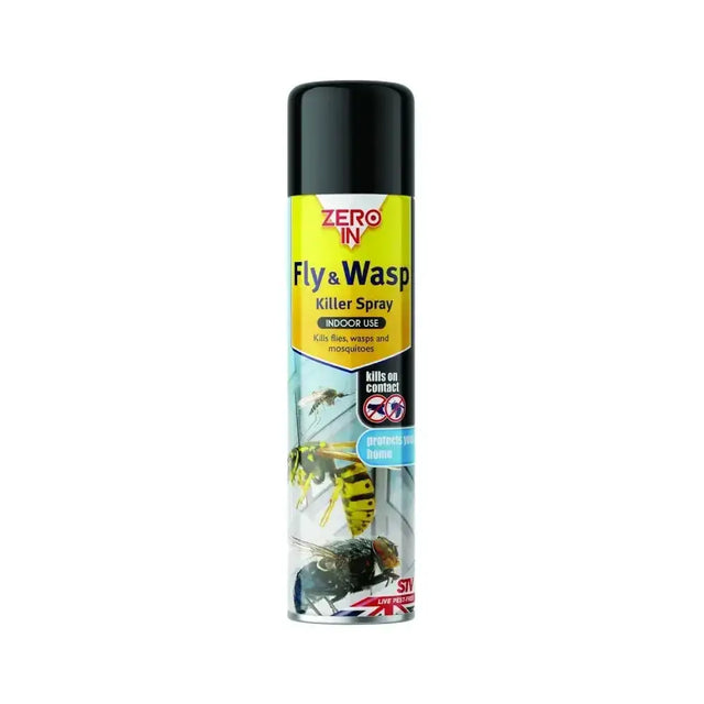 Yellow and black zero in fly and wasp killer spray can with clear body showing insect illustrations for effective flying insect control