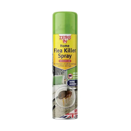 Green aerosol can of zero in home flea killer spray for indoor use kills fleas in living areas including pet bedding