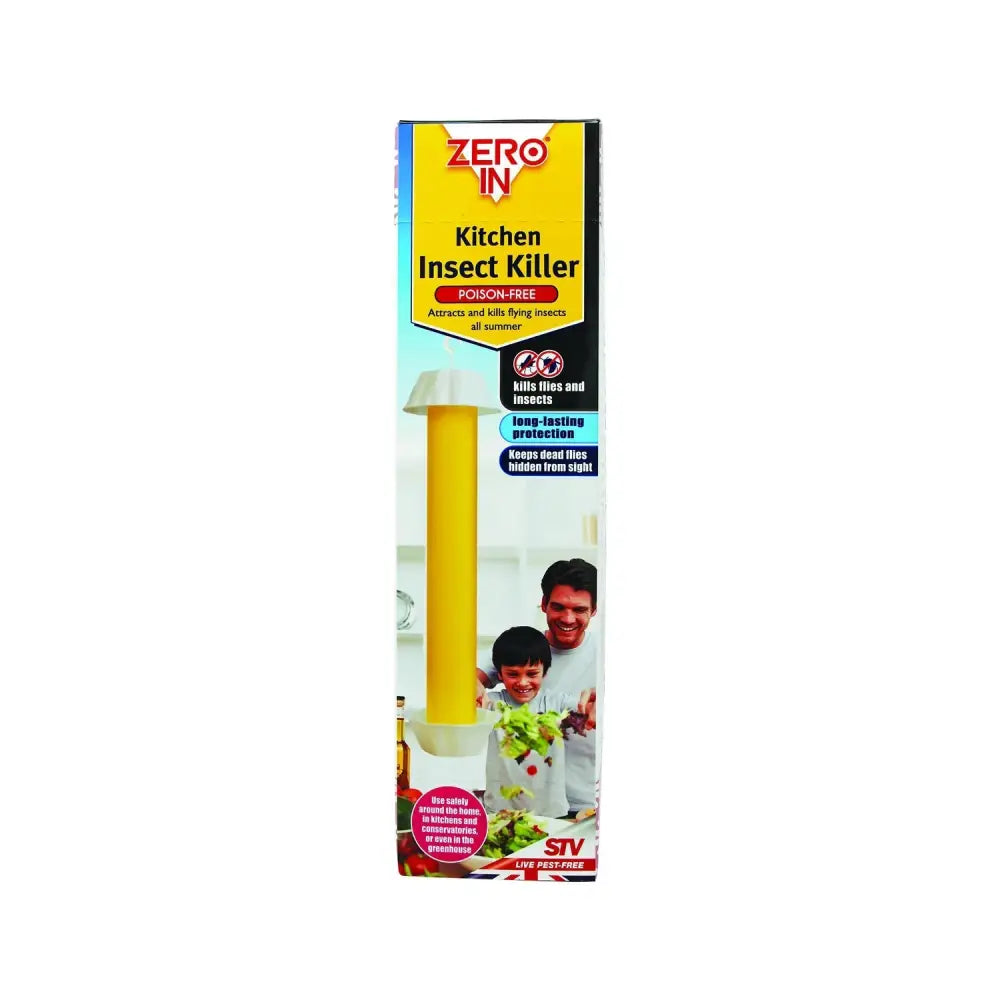 Yellow cylindrical kitchen insect killer zero in with white cap long adhesive stick and aureola yellow colouring