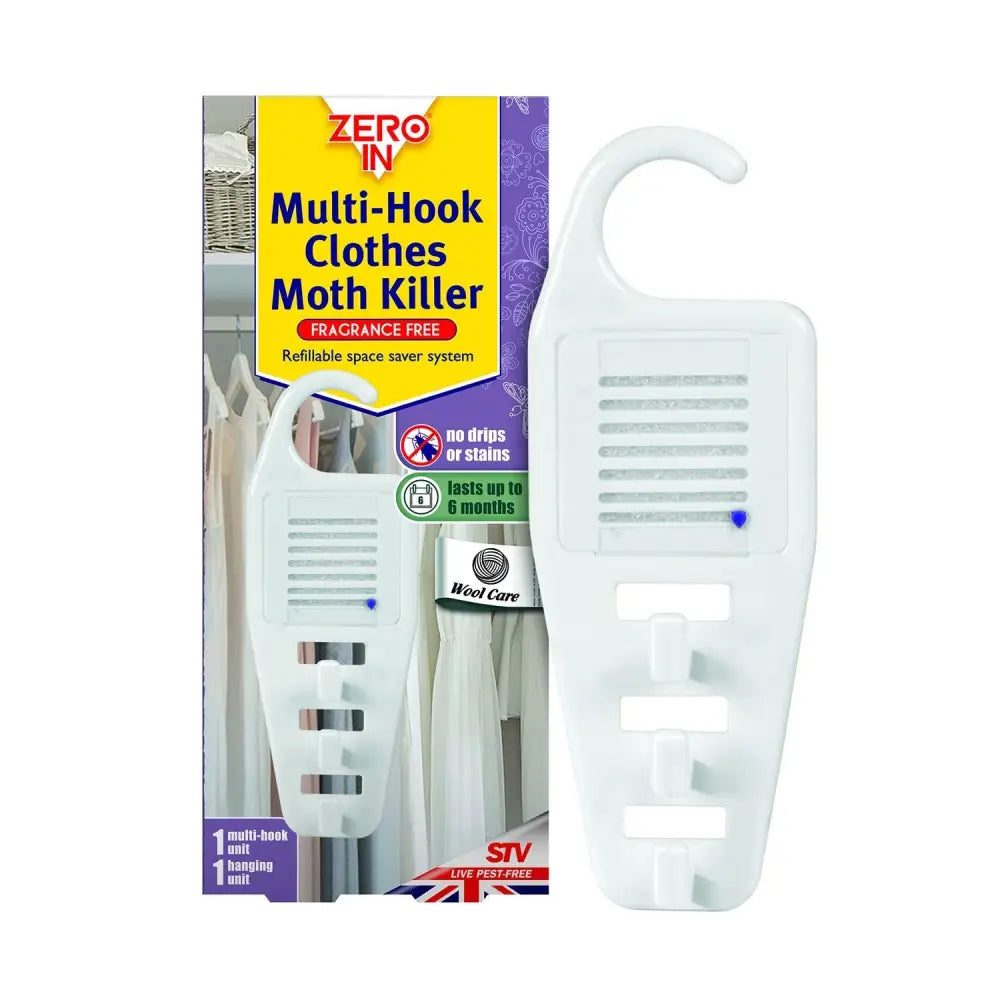 White plastic zero in multi-hook clothes moth killer with top hook and slots for hanging garments