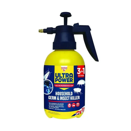 Yellow plastic spray bottle of zero in ultra power household germ and insect killer kills crawling insect pests effectively